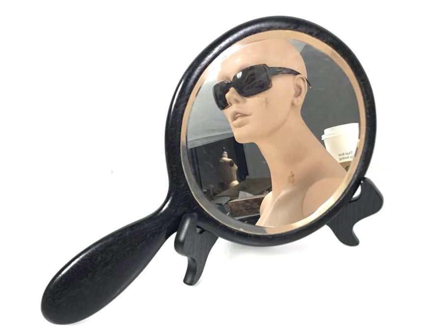 Vintage English Wooden Ebony Hand Mirror With Sterling Silver Design (See Photos) On Back 12 X 7 [Photo 2]