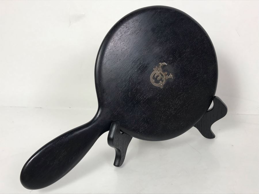 Vintage English Wooden Ebony Hand Mirror With Sterling Silver Design (See Photos) On Back 12 X 7 [Photo 3]