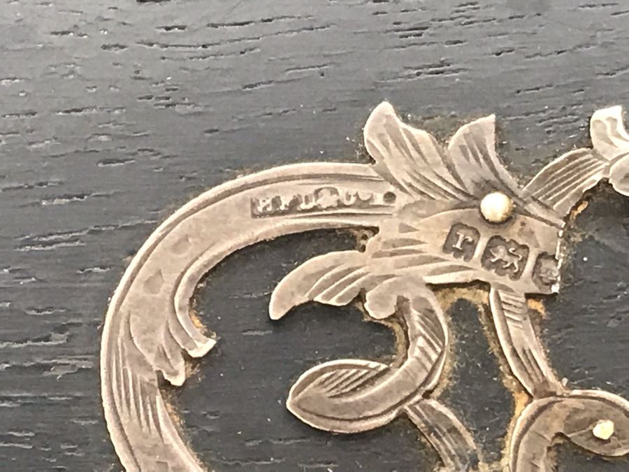 Vintage English Wooden Ebony Hand Mirror With Sterling Silver Design (See Photos) On Back 12 X 7 [Photo 9]