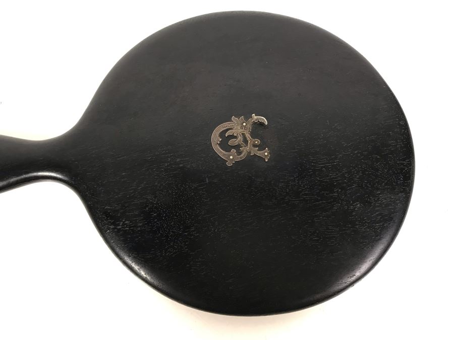 Vintage English Wooden Ebony Hand Mirror With Sterling Silver Design (See Photos) On Back 12 X 7 [Photo 11]