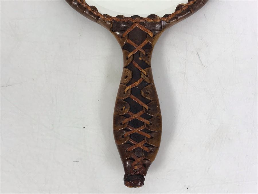Vintage Tooled Leather Wrapped Hand Mirror 10 X 6 [Photo 8]