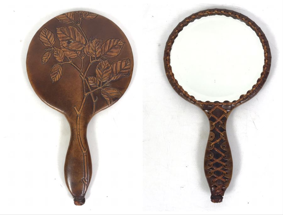 Vintage Tooled Leather Wrapped Hand Mirror 10 X 6 [Photo 1]