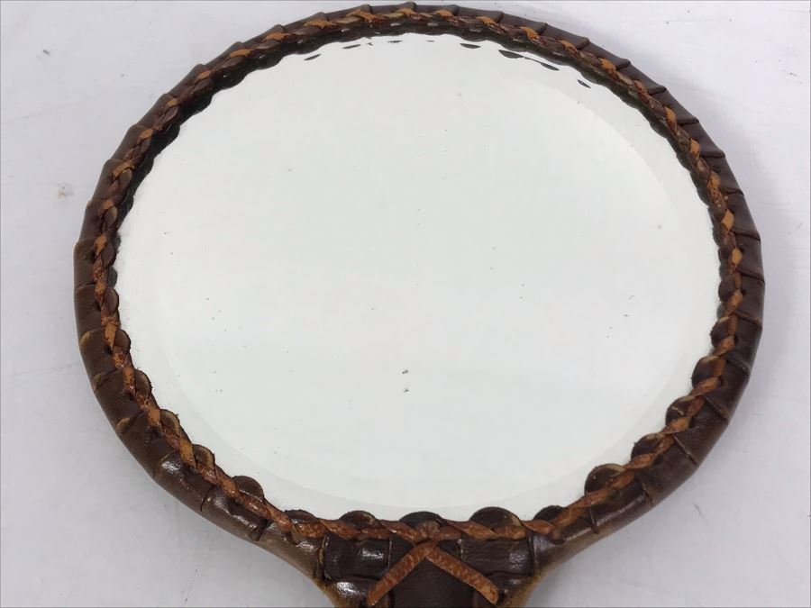 Vintage Tooled Leather Wrapped Hand Mirror 10 X 6 [Photo 9]