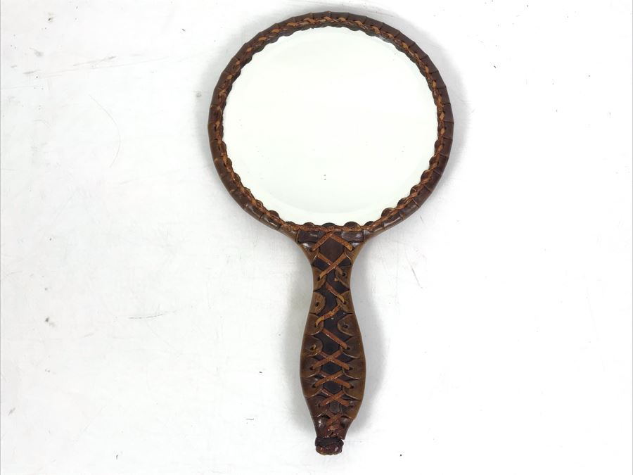 Vintage Tooled Leather Wrapped Hand Mirror 10 X 6 [Photo 6]