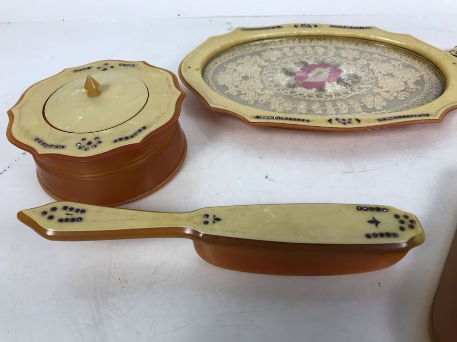 Vintage Art Deco French Pyramid Celluloid Vanity Set 6 Pieces [Photo 15]