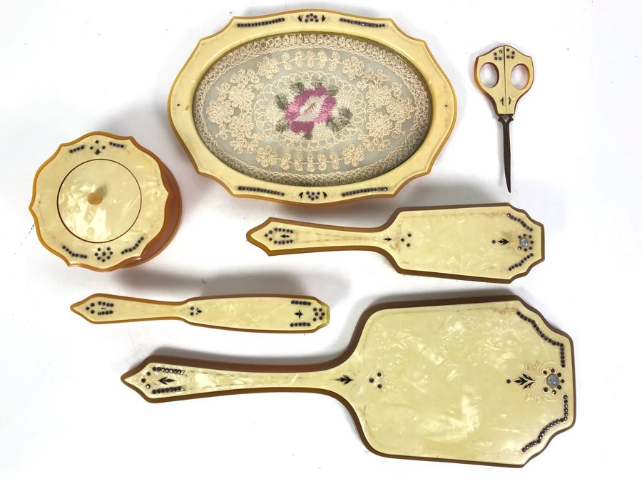 Vintage Art Deco French Pyramid Celluloid Vanity Set 6 Pieces [Photo 2]
