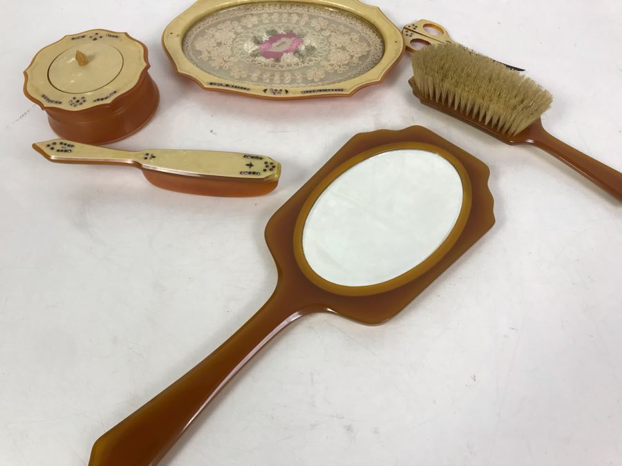 Vintage Art Deco French Pyramid Celluloid Vanity Set 6 Pieces [Photo 13]