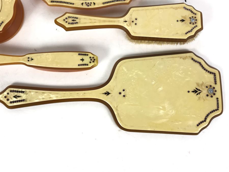 Vintage Art Deco French Pyramid Celluloid Vanity Set 6 Pieces [Photo 7]