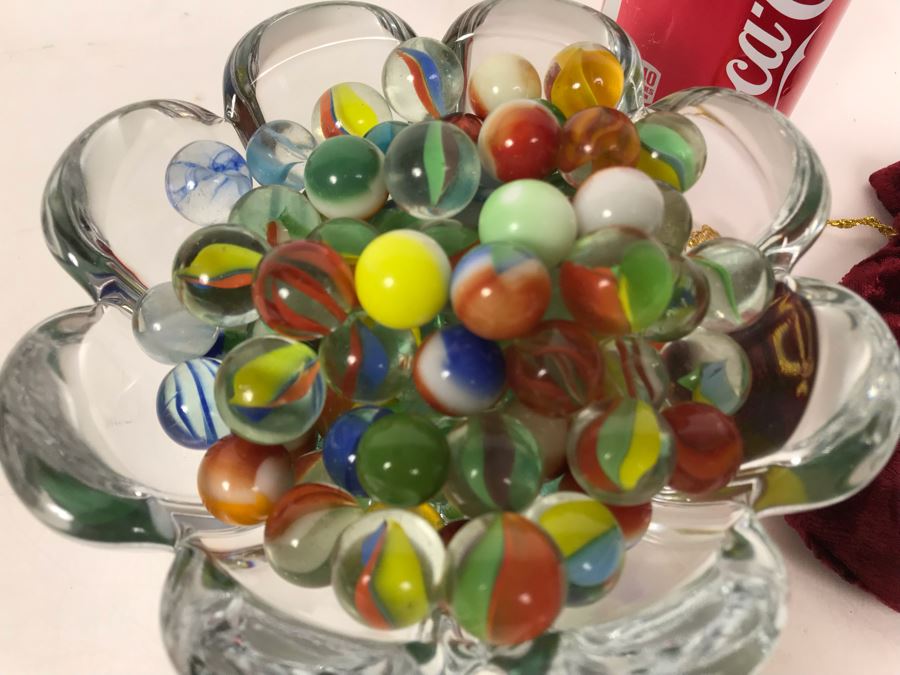 Crystal Bowl 6W X 3H Filled With Vintage Marbles And Vintage Marbles Bag [Photo 4]