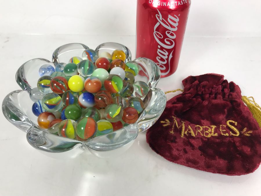 Crystal Bowl 6W X 3H Filled With Vintage Marbles And Vintage Marbles Bag [Photo 2]
