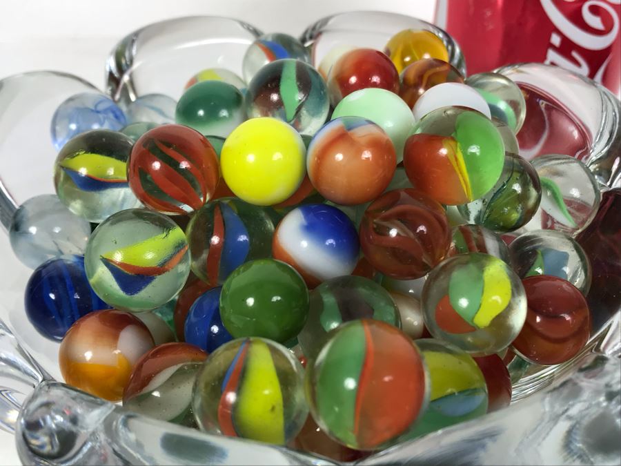 Crystal Bowl 6W X 3H Filled With Vintage Marbles And Vintage Marbles Bag [Photo 5]