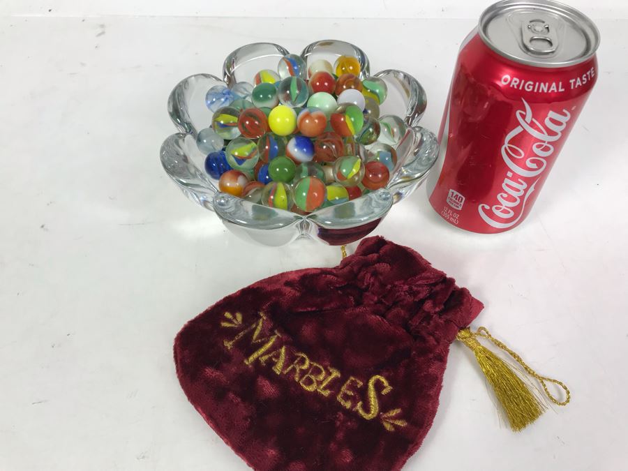 Crystal Bowl 6W X 3H Filled With Vintage Marbles And Vintage Marbles Bag [Photo 3]