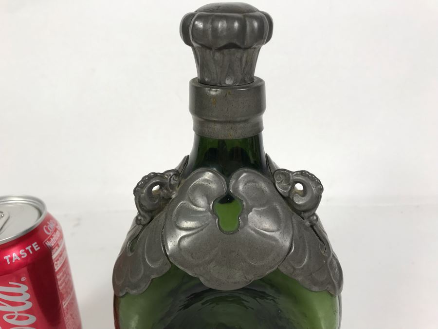 Green Pinched Glass Decanter With Danish Pewter Overlay Top 9H [Photo 4]