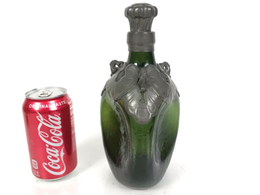 Green Pinched Glass Decanter With Danish Pewter Overlay Top 9H [Photo 1]