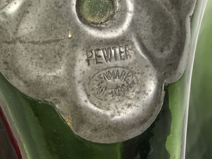 Green Pinched Glass Decanter With Danish Pewter Overlay Top 9H [Photo 7]