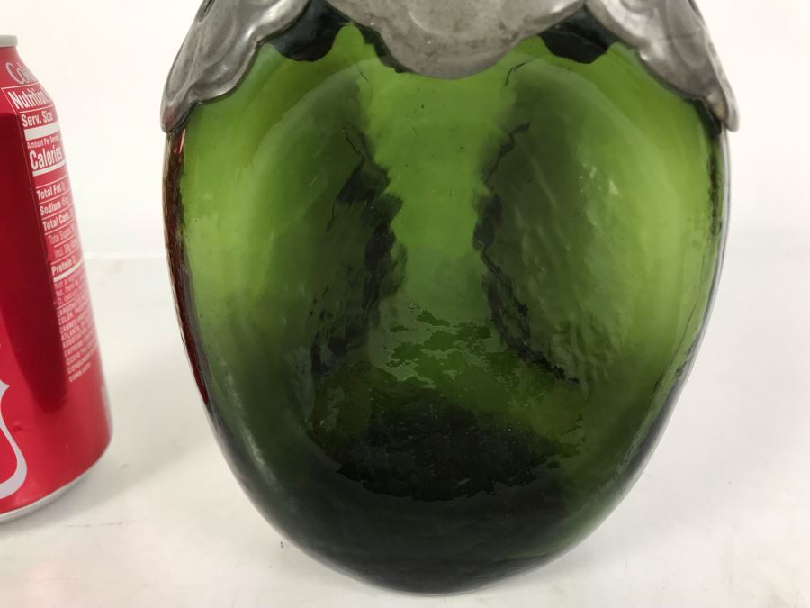 Green Pinched Glass Decanter With Danish Pewter Overlay Top 9H [Photo 5]