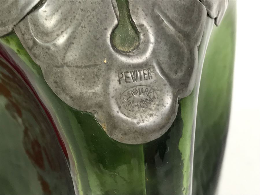 Green Pinched Glass Decanter With Danish Pewter Overlay Top 9H [Photo 6]
