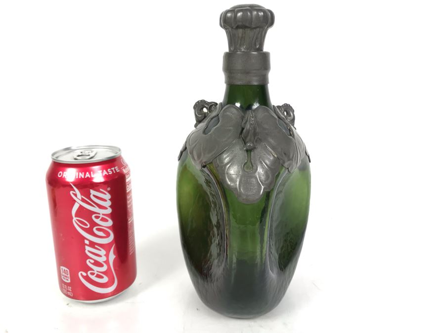 Green Pinched Glass Decanter With Danish Pewter Overlay Top 9H [Photo 2]