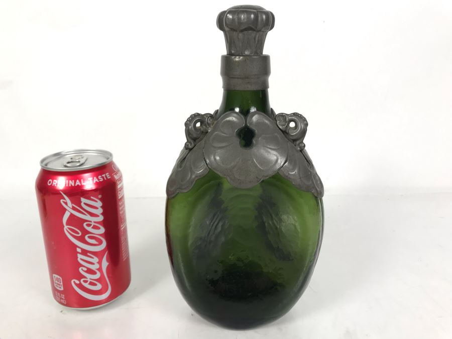 Green Pinched Glass Decanter With Danish Pewter Overlay Top 9H [Photo 3]