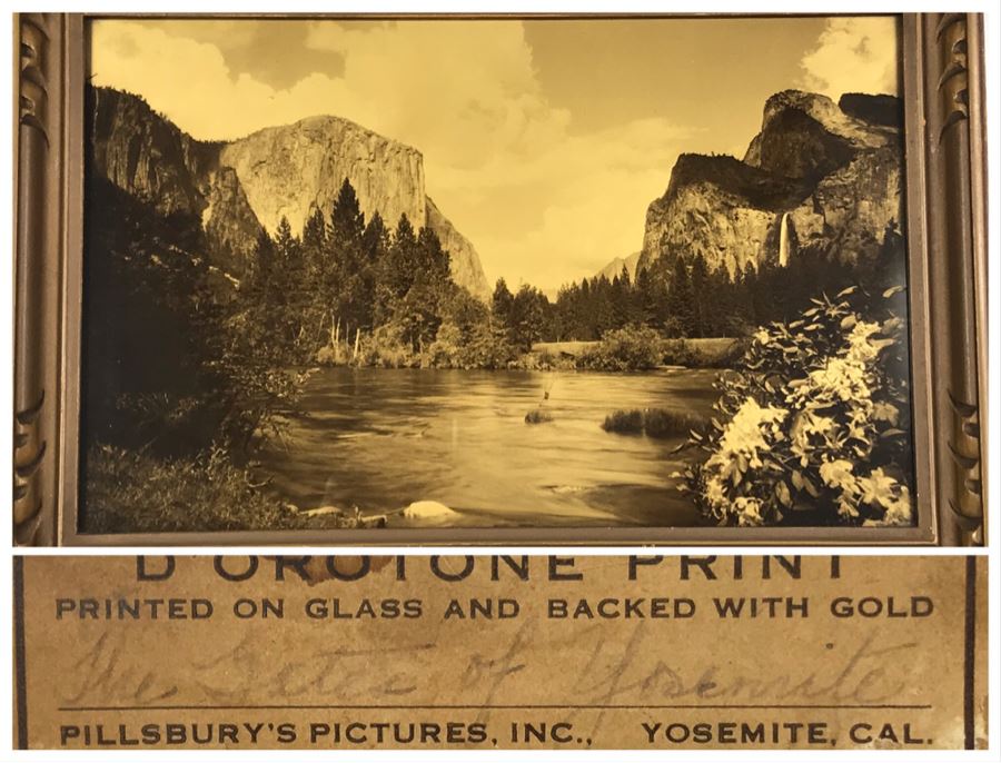 Arthur Clarence Pillsbury (1870-1946 American) ''The Gates of Yosemite'' Orotone Antique Photograph Printed On Glass And Backed With Gold 12.5 X 8.5 With Original Pillsbury's Pictures, Inc Label Estimate $1,000-$2,000 [Photo 1]