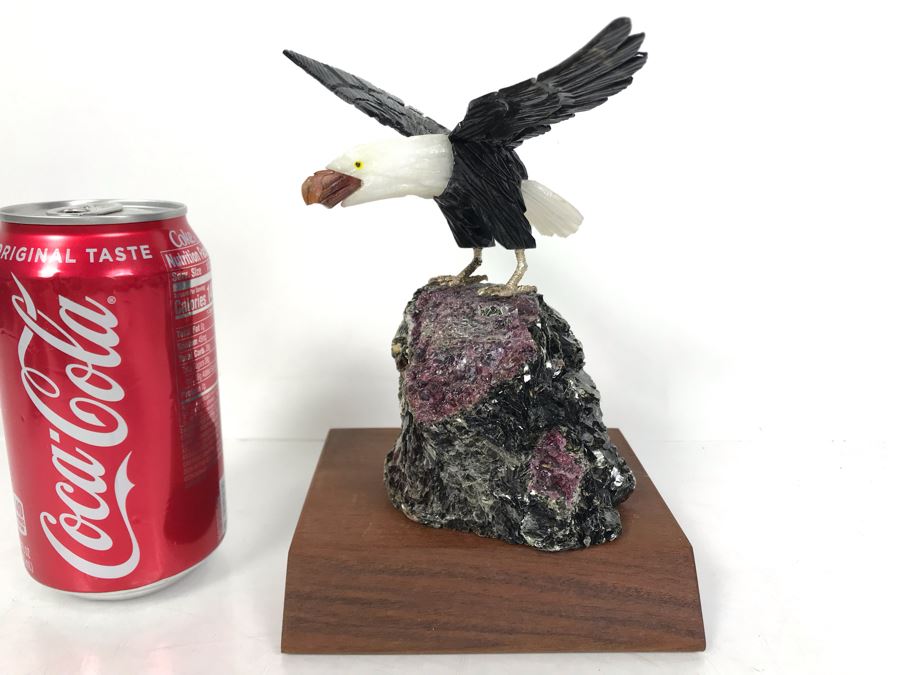 Bald Eagle Bird Figurine Hand-Carved In Semi-Precious Stones With Wooden Stand 5 X 4.5 X 7H [Photo 2]