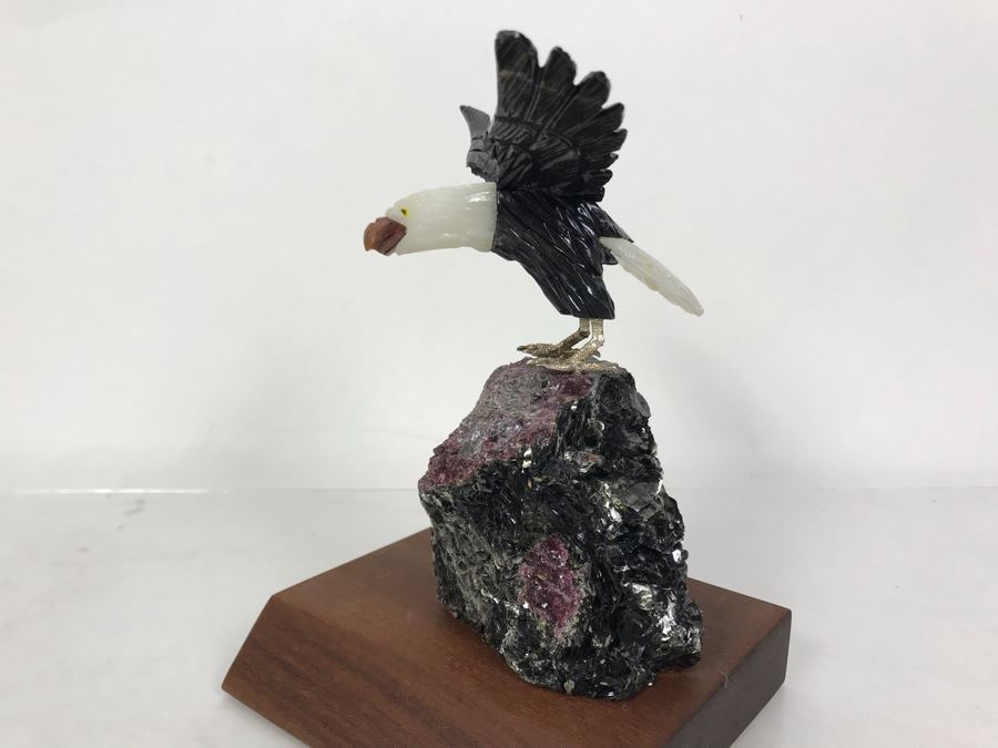 Bald Eagle Bird Figurine Hand-Carved In Semi-Precious Stones With Wooden Stand 5 X 4.5 X 7H [Photo 14]