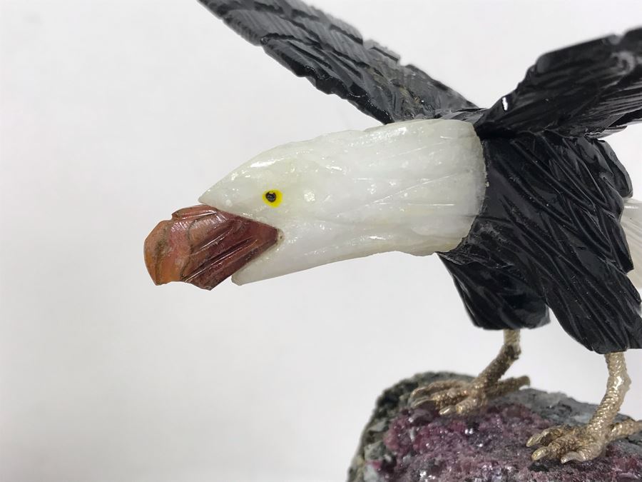 Bald Eagle Bird Figurine Hand-Carved In Semi-Precious Stones With Wooden Stand 5 X 4.5 X 7H [Photo 4]