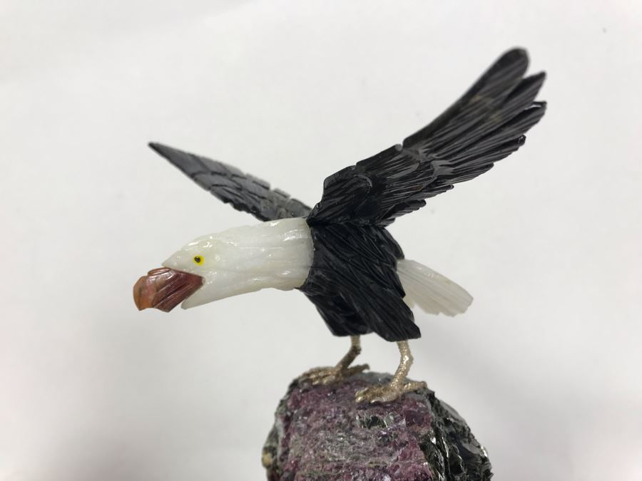 Bald Eagle Bird Figurine Hand-Carved In Semi-Precious Stones With Wooden Stand 5 X 4.5 X 7H [Photo 3]