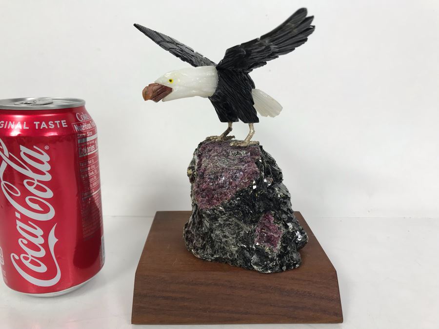 Bald Eagle Bird Figurine Hand-Carved In Semi-Precious Stones With Wooden Stand 5 X 4.5 X 7H