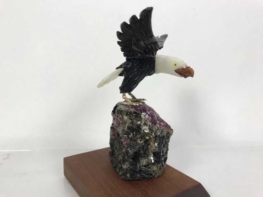 Bald Eagle Bird Figurine Hand-Carved In Semi-Precious Stones With Wooden Stand 5 X 4.5 X 7H [Photo 8]