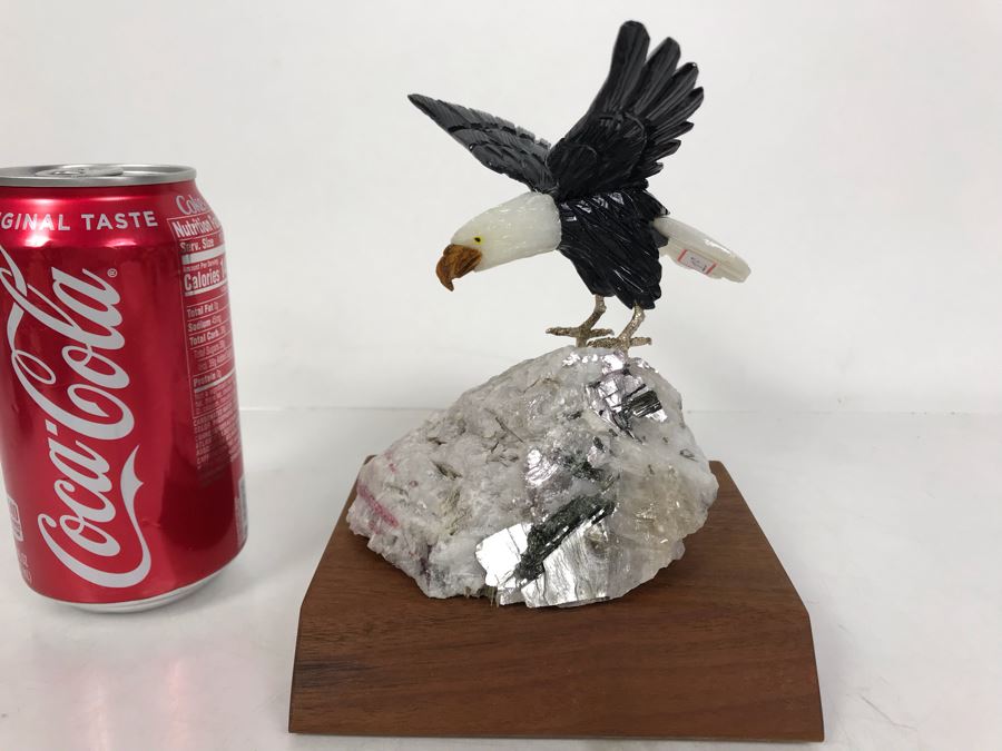Bald Eagle Bird Figurine Hand-Carved In Semi-Precious Stones With Wooden Stand 5 X 4.5 X 6H [Photo 2]