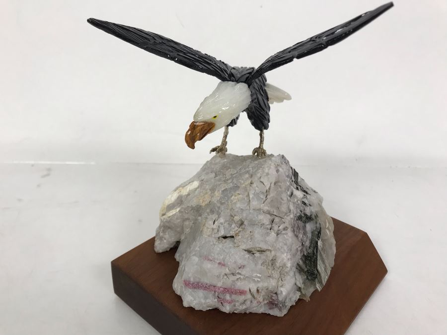 Bald Eagle Bird Figurine Hand-Carved In Semi-Precious Stones With Wooden Stand 5 X 4.5 X 6H [Photo 6]