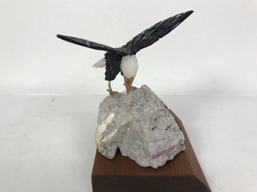 Bald Eagle Bird Figurine Hand-Carved In Semi-Precious Stones With Wooden Stand 5 X 4.5 X 6H [Photo 7]