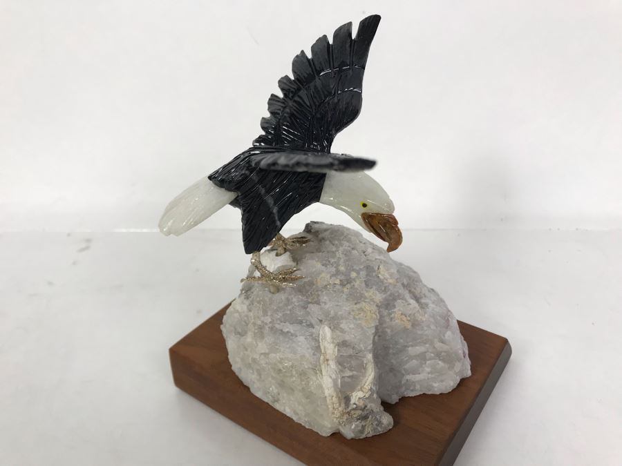 Bald Eagle Bird Figurine Hand-Carved In Semi-Precious Stones With Wooden Stand 5 X 4.5 X 6H [Photo 8]
