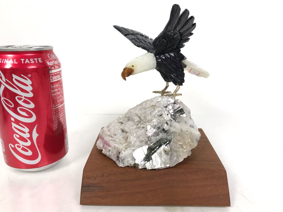 Bald Eagle Bird Figurine Hand-Carved In Semi-Precious Stones With Wooden Stand 5 X 4.5 X 6H