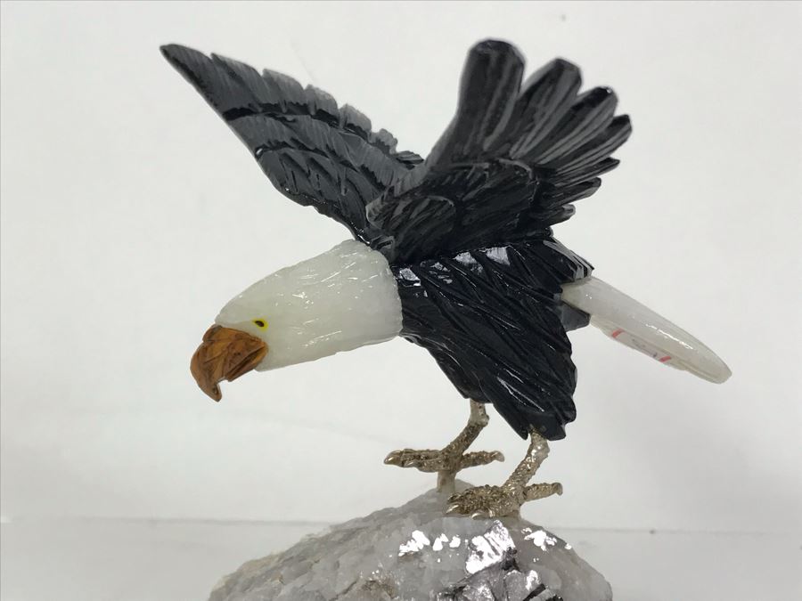 Bald Eagle Bird Figurine Hand-Carved In Semi-Precious Stones With Wooden Stand 5 X 4.5 X 6H [Photo 4]