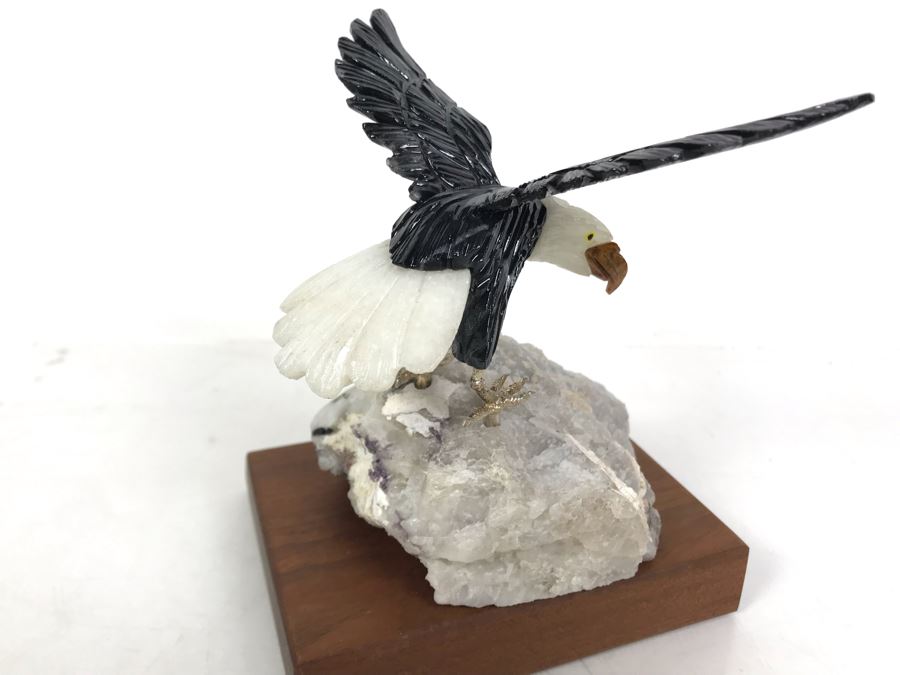 Bald Eagle Bird Figurine Hand-Carved In Semi-Precious Stones With Wooden Stand 5 X 4.5 X 6H [Photo 9]