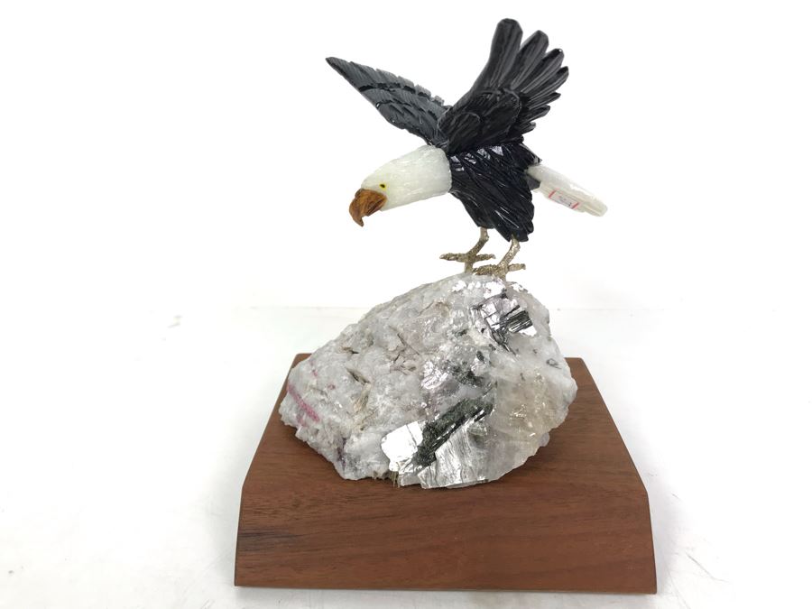 Bald Eagle Bird Figurine Hand-Carved In Semi-Precious Stones With Wooden Stand 5 X 4.5 X 6H [Photo 3]