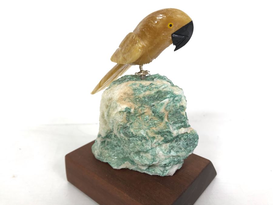 Bird Figurine Hand-Carved In Semi-Precious Stones With Wooden Stand 3.5 ...