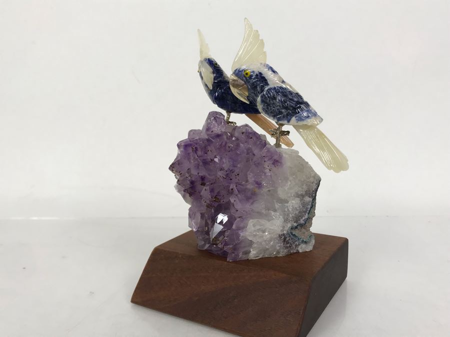 Pair Of Birds Figurines Hand-Carved In Semi-Precious Stones On Amethyst Geode With Wooden Stand 3.5 X 3.5 X 5.5H [Photo 7]