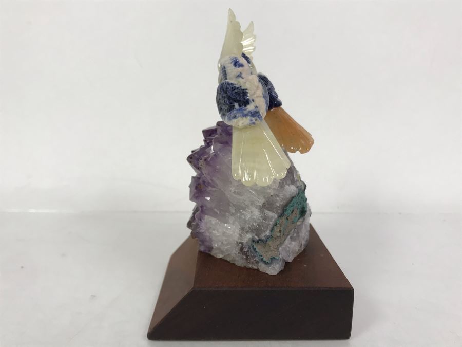 Pair Of Birds Figurines Hand-Carved In Semi-Precious Stones On Amethyst Geode With Wooden Stand 3.5 X 3.5 X 5.5H [Photo 8]