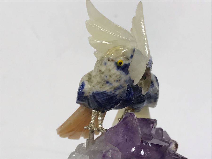 Pair Of Birds Figurines Hand-Carved In Semi-Precious Stones On Amethyst Geode With Wooden Stand 3.5 X 3.5 X 5.5H [Photo 13]