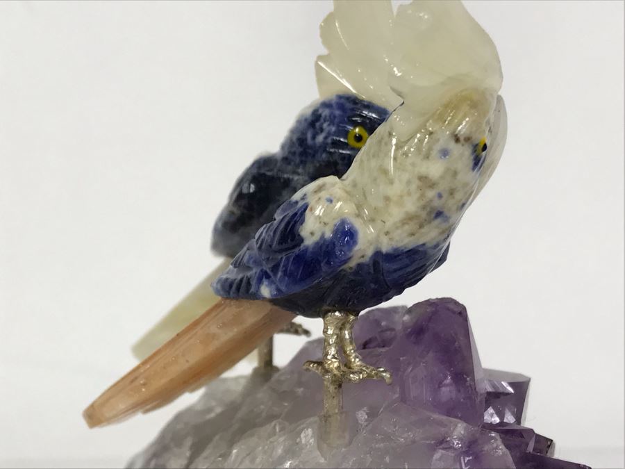 Pair Of Birds Figurines Hand-Carved In Semi-Precious Stones On Amethyst Geode With Wooden Stand 3.5 X 3.5 X 5.5H [Photo 12]
