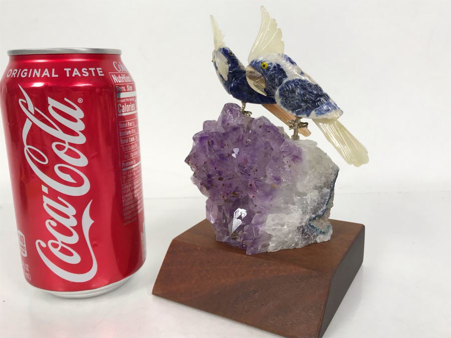 Pair Of Birds Figurines Hand-Carved In Semi-Precious Stones On Amethyst Geode With Wooden Stand 3.5 X 3.5 X 5.5H [Photo 5]