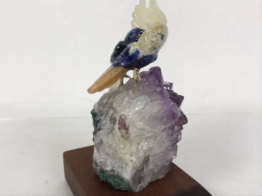 Pair Of Birds Figurines Hand-Carved In Semi-Precious Stones On Amethyst Geode With Wooden Stand 3.5 X 3.5 X 5.5H [Photo 11]
