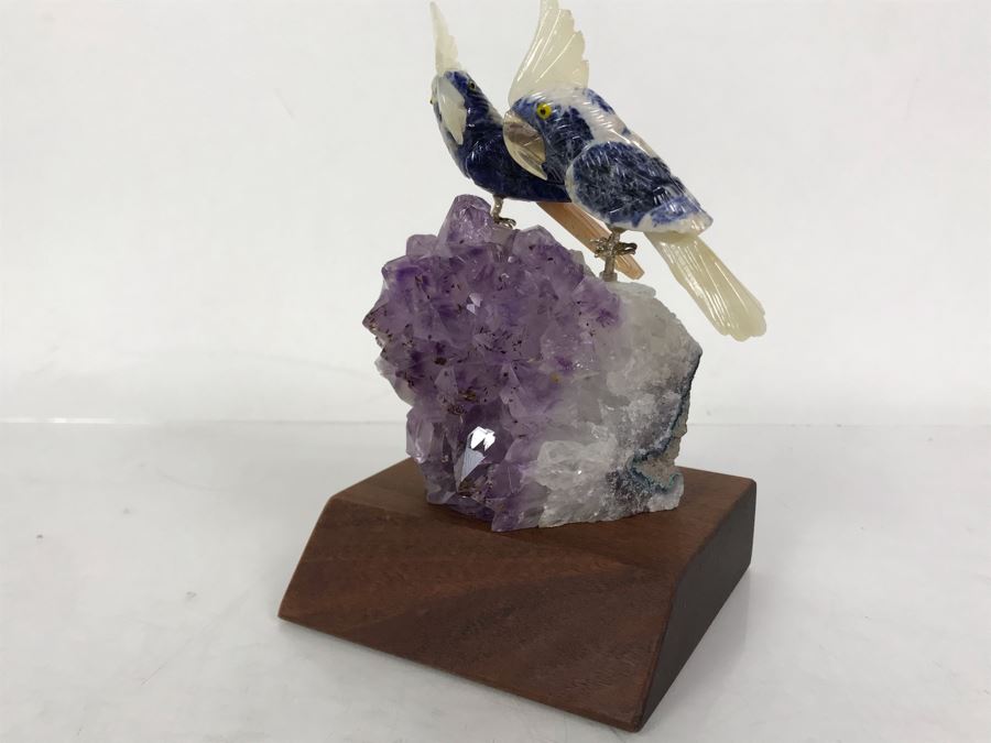 Pair Of Birds Figurines Hand-Carved In Semi-Precious Stones On Amethyst Geode With Wooden Stand 3.5 X 3.5 X 5.5H [Photo 6]