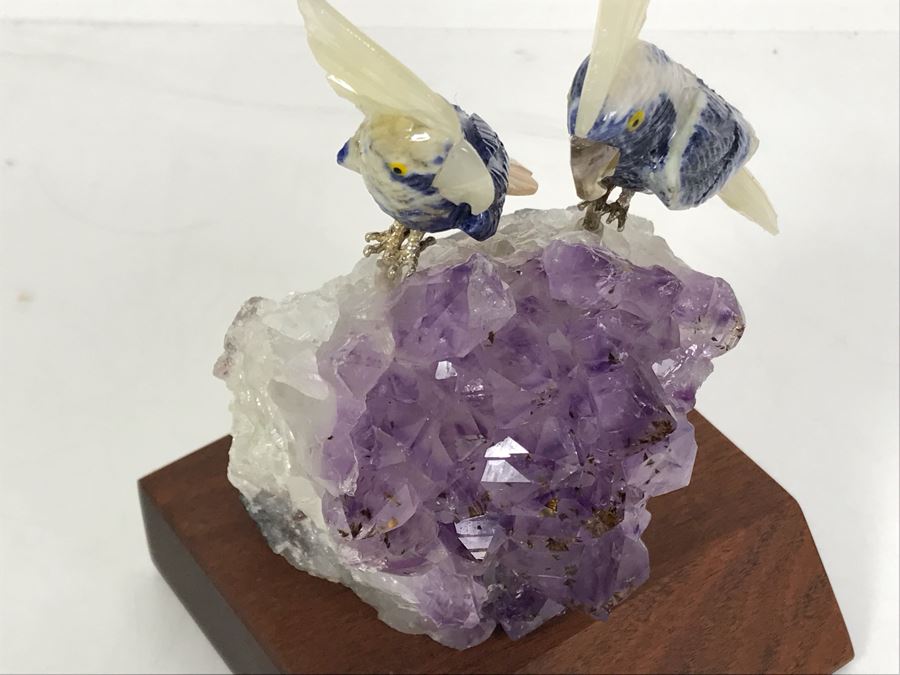 Pair Of Birds Figurines Hand-Carved In Semi-Precious Stones On Amethyst Geode With Wooden Stand 3.5 X 3.5 X 5.5H [Photo 17]