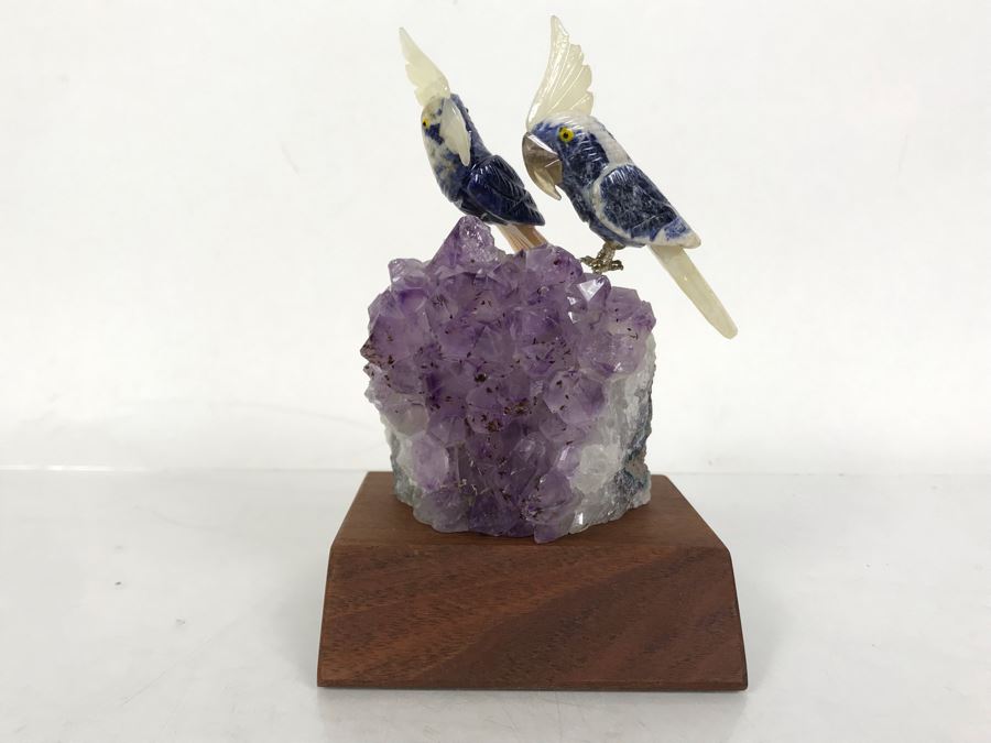 Pair Of Birds Figurines Hand-Carved In Semi-Precious Stones On Amethyst Geode With Wooden Stand 3.5 X 3.5 X 5.5H [Photo 3]