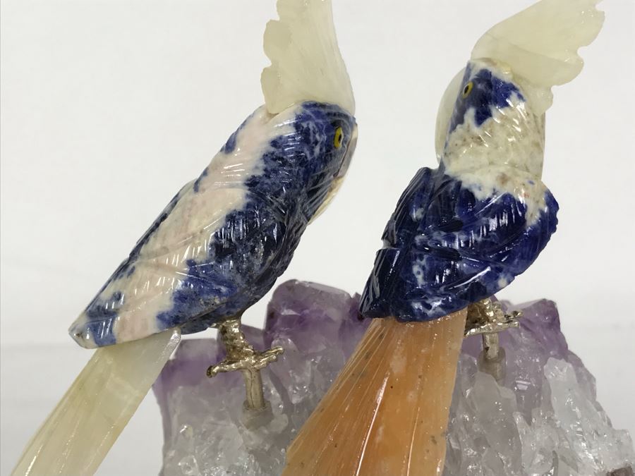 Pair Of Birds Figurines Hand-Carved In Semi-Precious Stones On Amethyst Geode With Wooden Stand 3.5 X 3.5 X 5.5H [Photo 10]