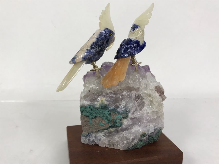 Pair Of Birds Figurines Hand-Carved In Semi-Precious Stones On Amethyst Geode With Wooden Stand 3.5 X 3.5 X 5.5H [Photo 9]